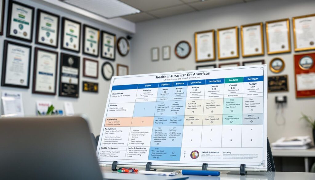 A detailed medical chart displaying various health insurance coverage options for Americans, with clear diagrams and icons representing different plans, deductibles, and coverage levels. The scene is set in a modern, well-lit medical office, with a professional, informative atmosphere. The chart is prominently displayed on a desk, with a laptop and office supplies in the foreground, and a wall of medical certificates and awards in the background, conveying a sense of authority and expertise.